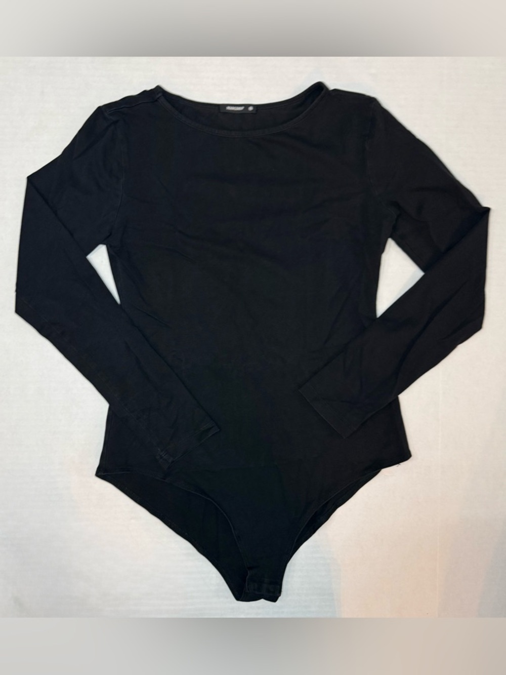Long Sleeve Round Collar Elastic Bodysuit Black Size M